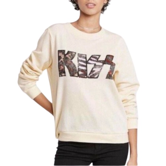 KISS Pull Over Sweatshirt Womens Medium Cream Animal Print Crew Neck Long Sleeve - Picture 11 of 11